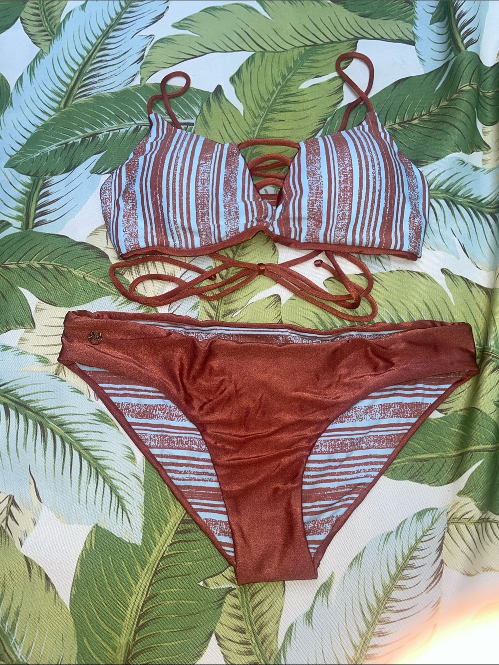 Maaji EUC SzM Reversible Metallic Copper & Baby Blue  Striped Lace-Up Bikini Set